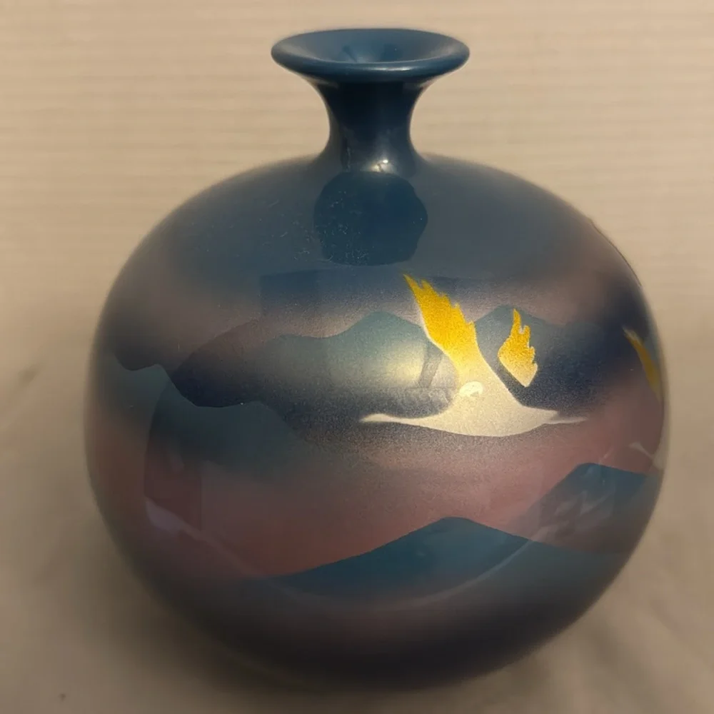 Vintage Tajimi Japan Elegant Blue Vase Satin Finish Crane Heron Bird Ball Shape